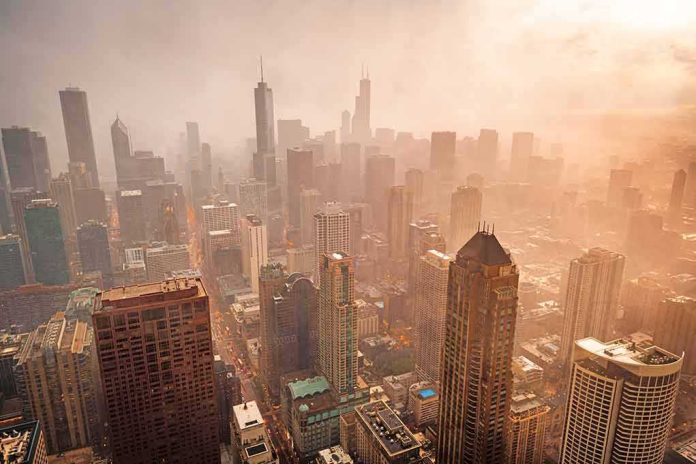 City skyline in warm haze at sunset