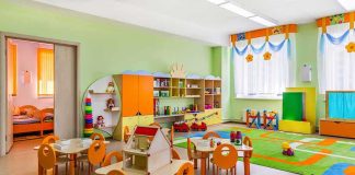 Preschool classroom with colorful furniture and toys