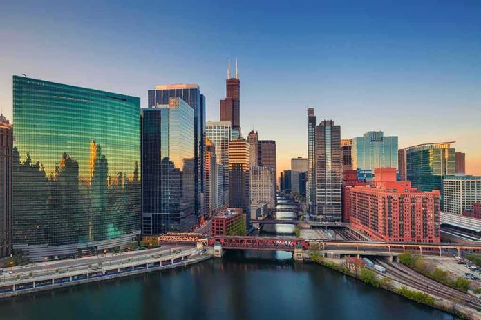 Chicago skyline along the river at sunset