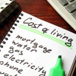 Wages Up, Wallets Squeezed Budget notebook with cost of living list, calculator, and cash