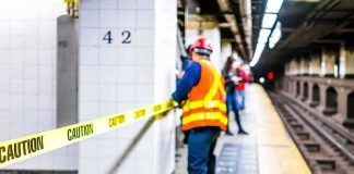 Signaling Chaos? Dozens Dead On Bullet Line Construction worker on subway platform with caution tape