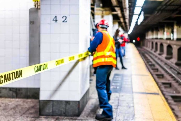 shutterstock_1034542012 Construction worker on subway platform with caution tape