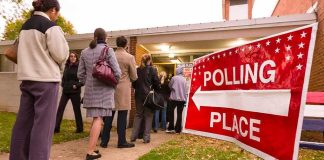 Election Day Gun Drama Explodes Voters standing in line outside a polling place