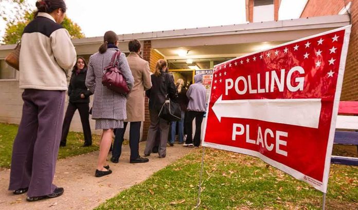 Voters standing in line outside a polling place