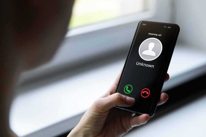 Person holding smartphone with unknown caller screen