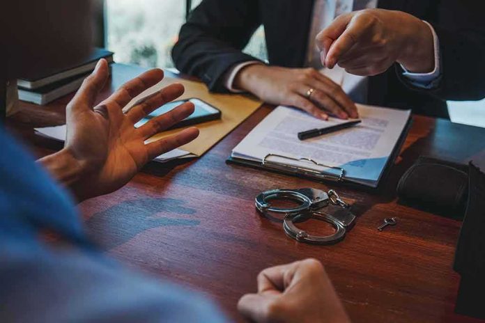 shutterstock_1688525125-1 Two people discuss documents at a desk with handcuffs in view