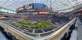 Air Force Rappel Horror at Kickoff Football stadium interior with large video board and empty seating