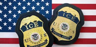 Taxpayer Dollars Looted? DHS Drops The Hammer ICE badges on an American flag background
